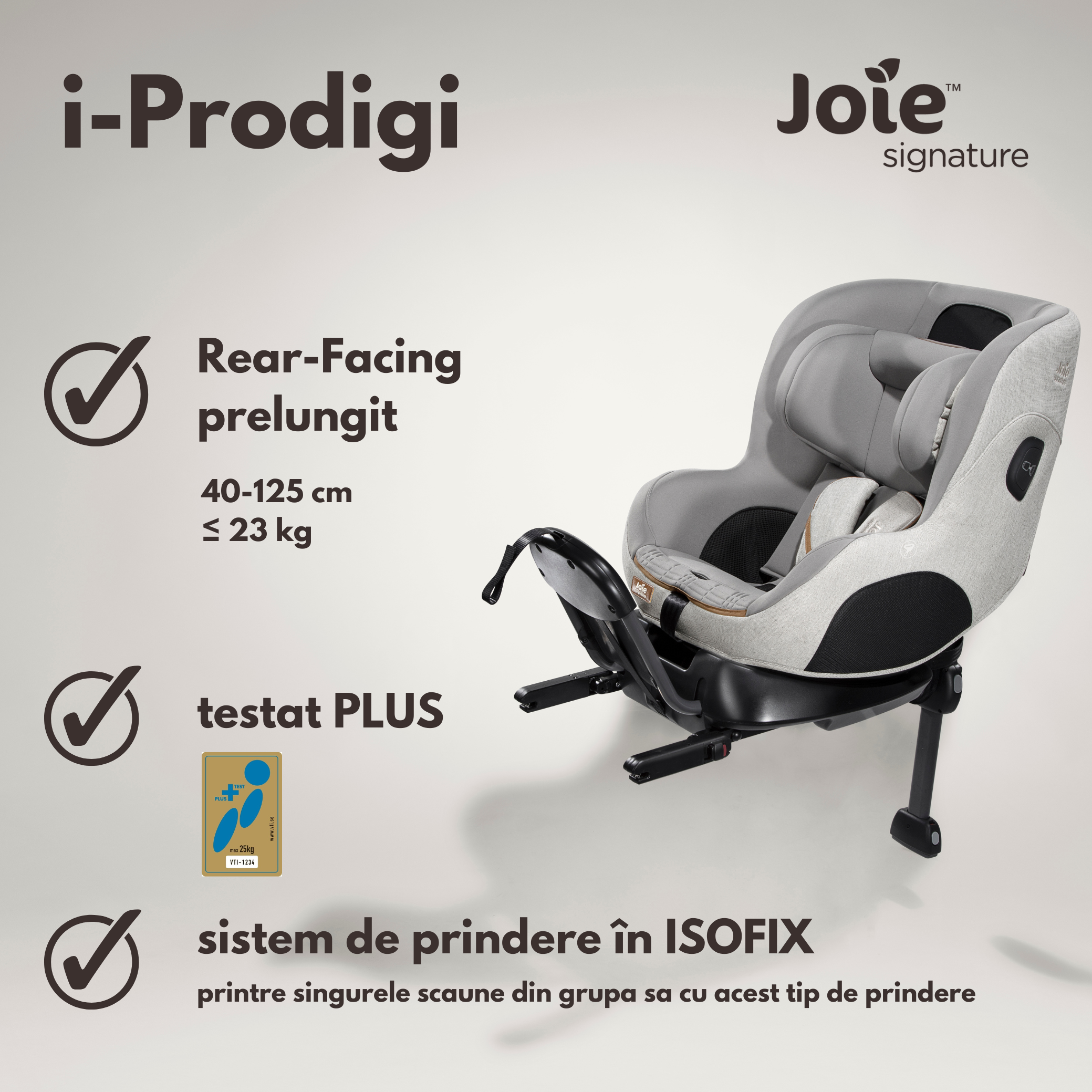 Joie - Scaun auto i-Size i-Prodigi Signature, nastere-125 cm, Oyster, testat Plus